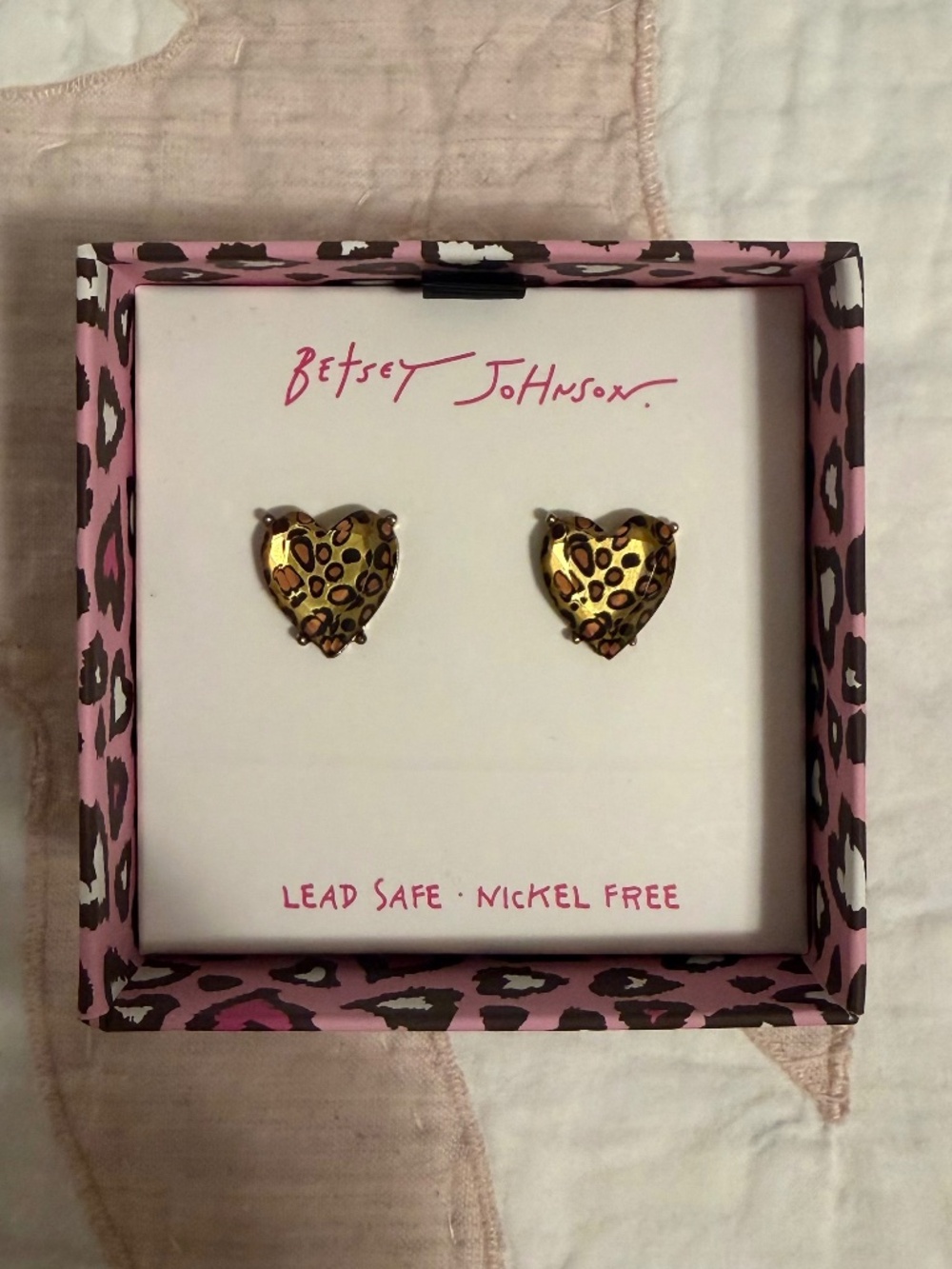 NWT - Betsey Johnson Leopard Print Heart Stud Earrings
